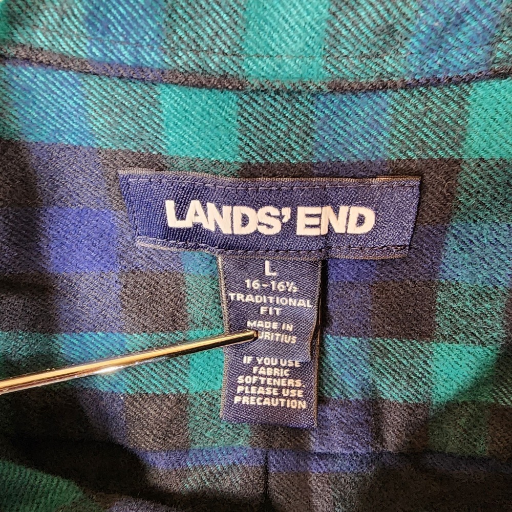 Lands End Traditional Fit Plaid Flannel Shirt Mens L 16-16.5 Navy Green EUC - Picture 10 of 11